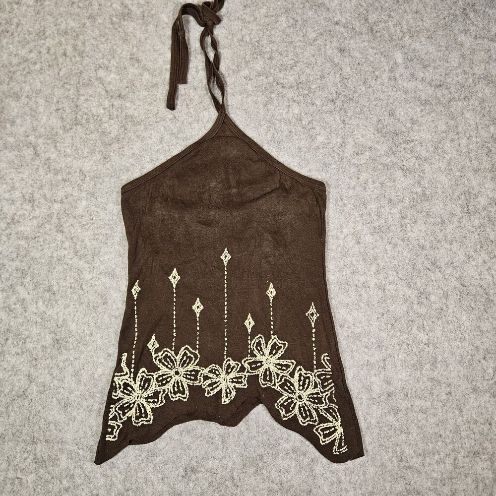 Rave Y2K Brown Beaded Floral Halter Top Baddie Bratz Summer Fairy Size Medium